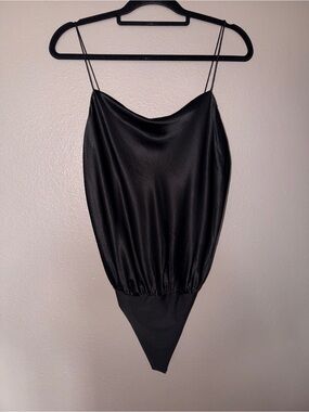 Cami NYC Black Satin Cowl-Neck Double-Spaghetti-Strap Bodysuit